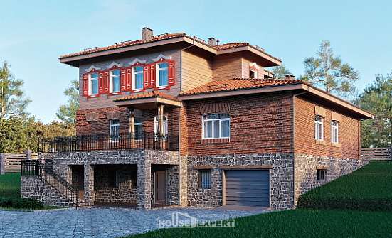 380-002-Л Проект трехэтажного дома и гаражом, уютный коттедж из кирпича Кызыл | Проекты домов от House Expert